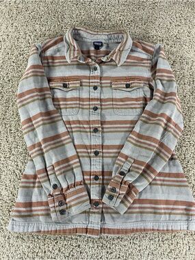Patagonia Long Sleeve Fjord Flannel Shirt Orange Grey Stripes Women's Size 4